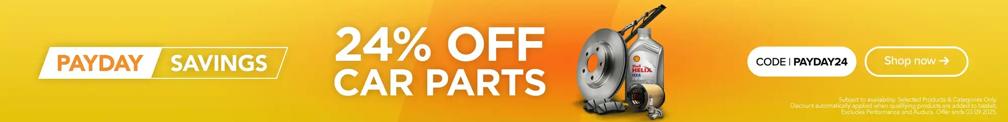 Payday savings 24% off Car Parts - Apply code at checkout