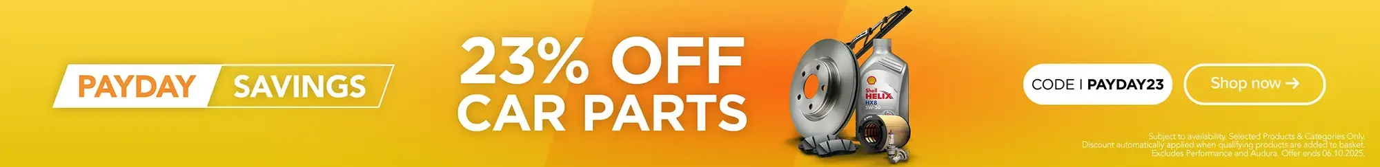Payday Savings 23% off Car Parts - Apply code at checkout  