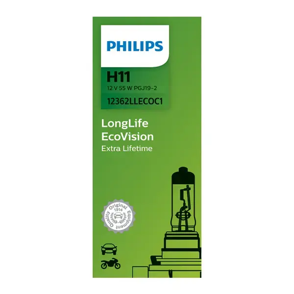Philips Long Life EcoVision H11 711 12V 55W Right Angled Bulb - Single Boxed