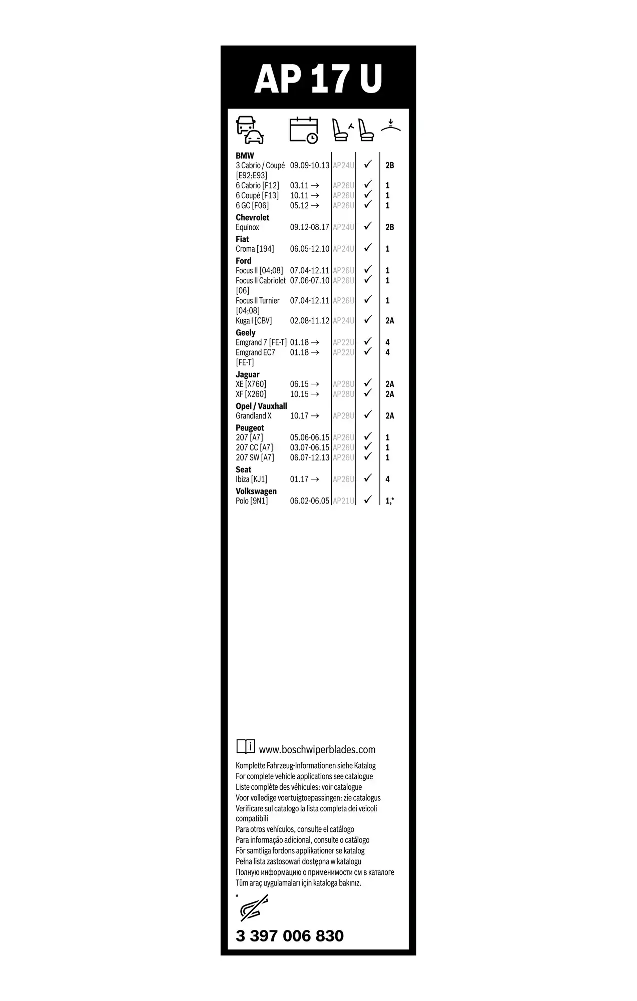 Bosch Aerotwin Single Flat Wiper Blade AP17U