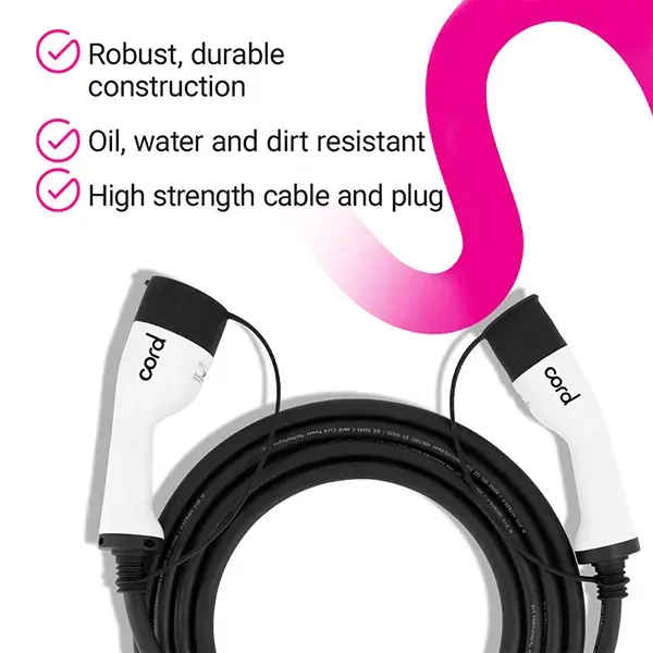 CORD Type 2 to Type 2 EV Charging Cable, 32amp, 22kW, 10 Metre, Three Phase