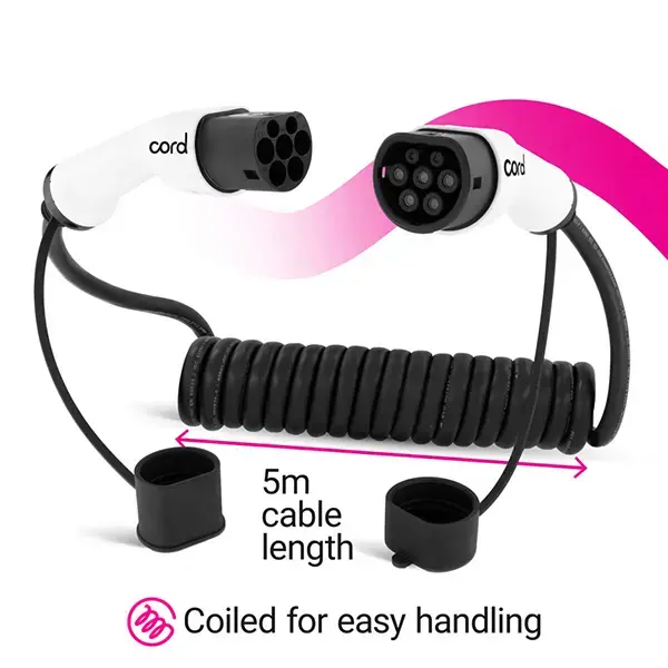 CORD Type 2 to Type 2 EV Coiled Charging Cable, 32amp, 22kW, 5 Metre, Three Phase