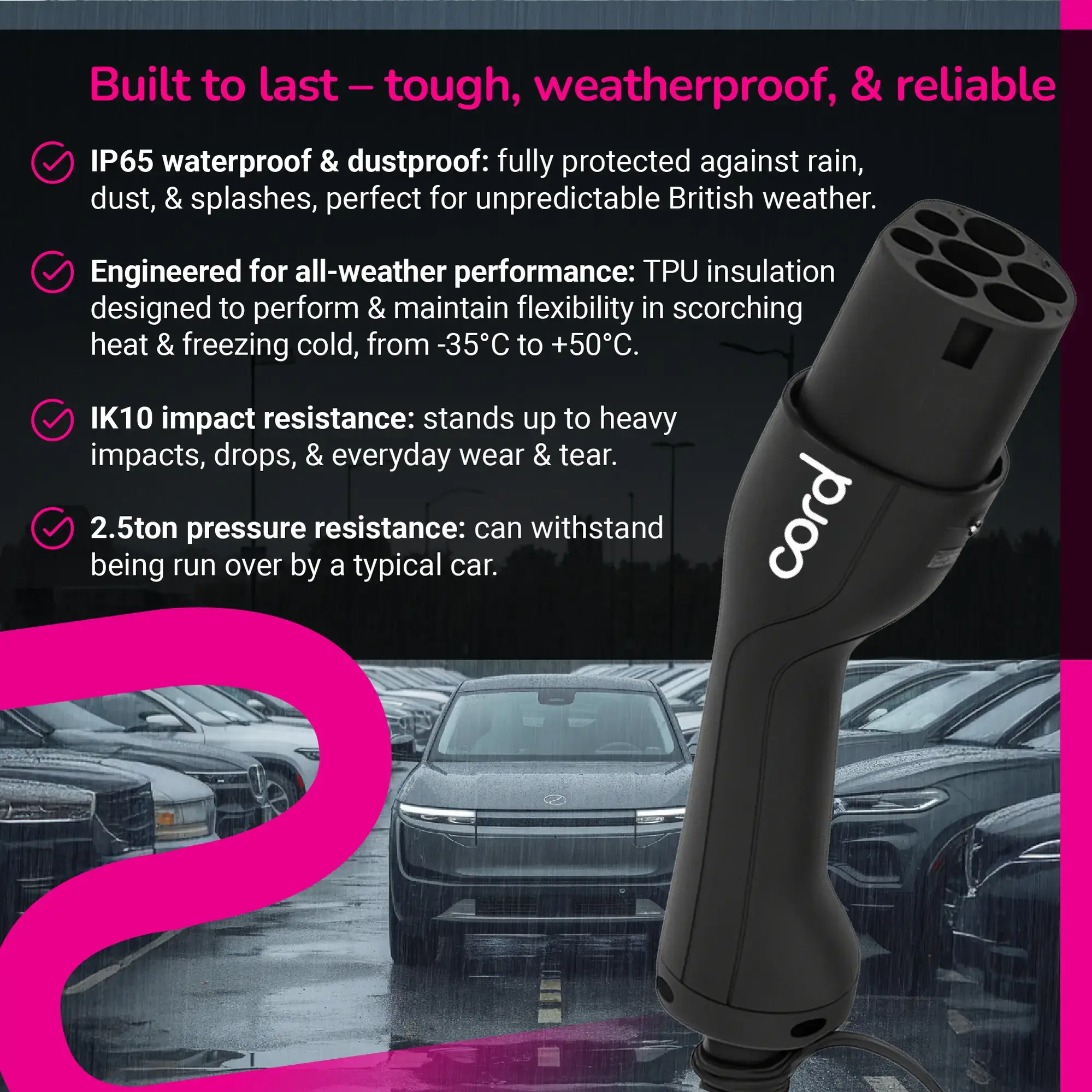 CORD EV Charging Cable - 30m Type 2 to Type 2, 230V 32A 7.4kW, Single Phase