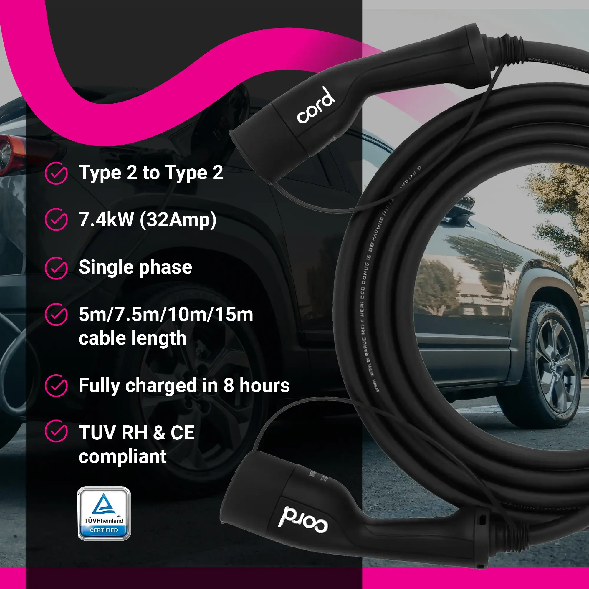 CORD EV Charging Cable - 30m Type 2 to Type 2, 230V 32A 7.4kW, Single Phase