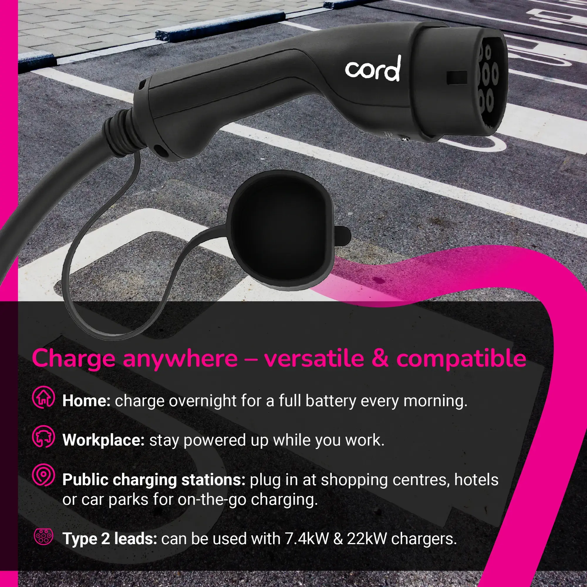 CORD EV Charging Cable - 30m Type 2 to Type 2, 230V 32A 7.4kW, Single Phase