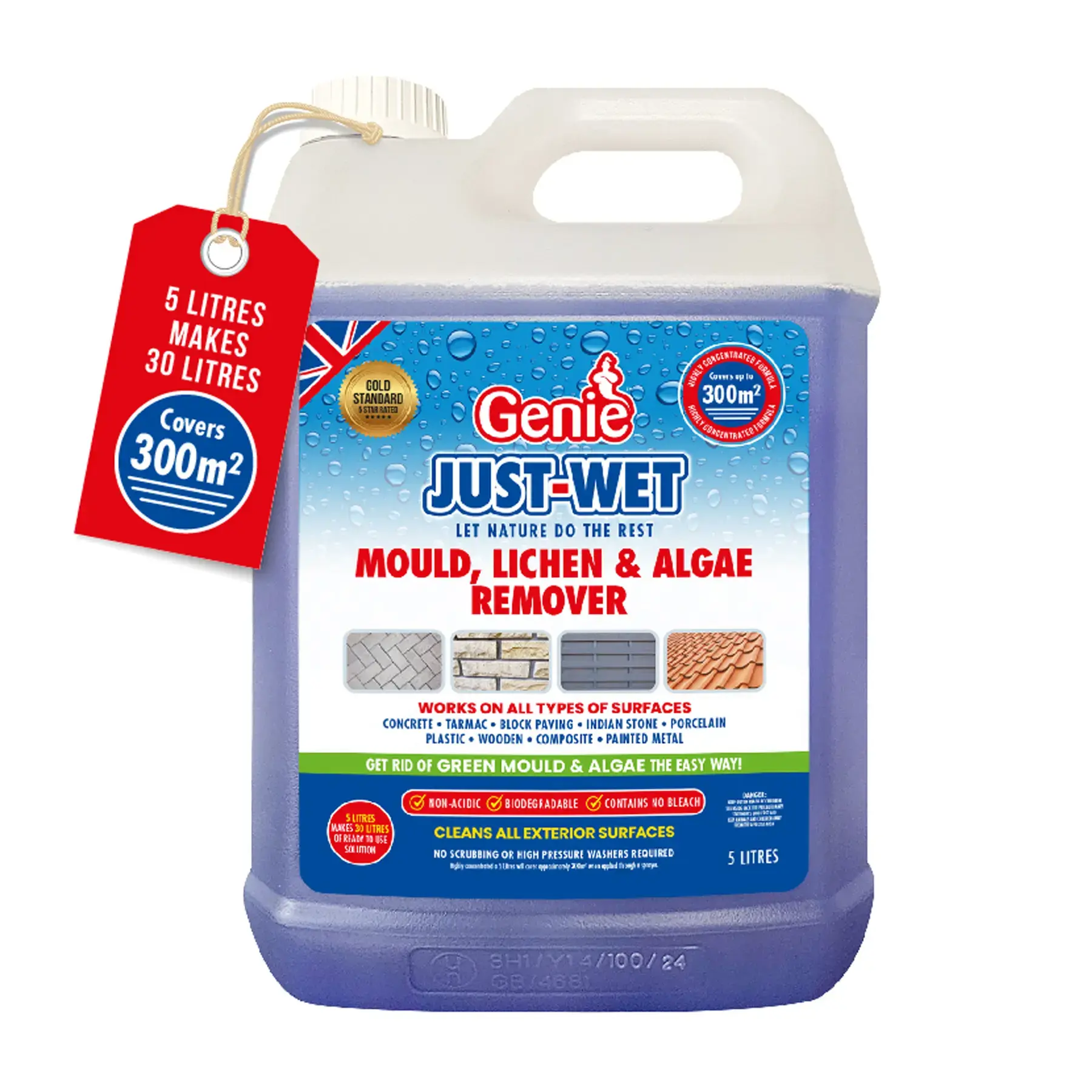 Genie Just-Wet Outdoor Cleaning Solution, Mould, Lichen & Algae Remover 5L
