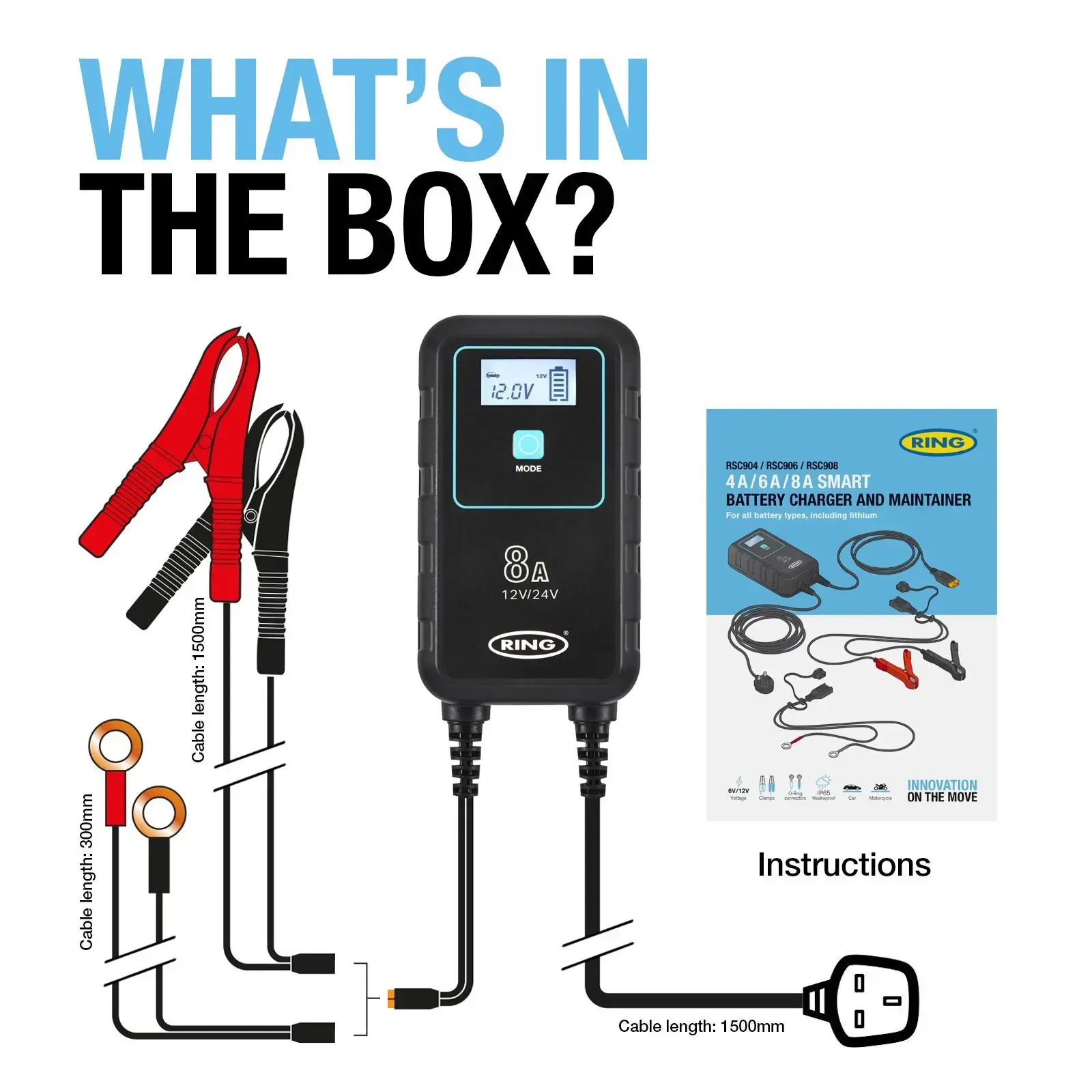 Ring Auto SMARTCHARGE 8 Charger & Maintainer Lithium Battery Compatible 6V / 12V