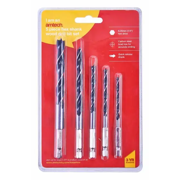 amtech 5pc Hex Shank Wood Drill Bit Set