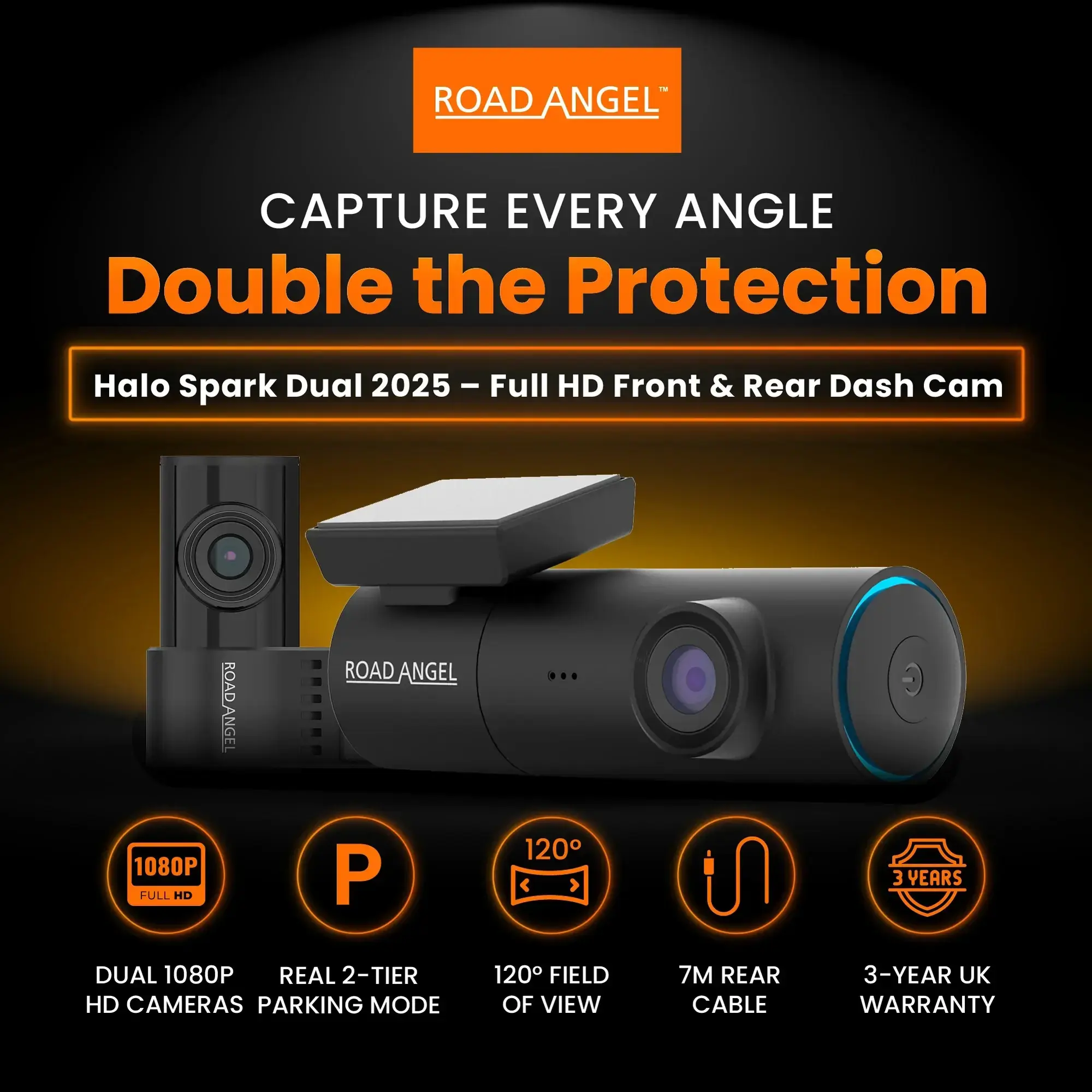 Road Angel Halo Spark 1080p Dual Dash Cam + NEW HWK5VC2-ODB Hardwire Kit & 64GB SD