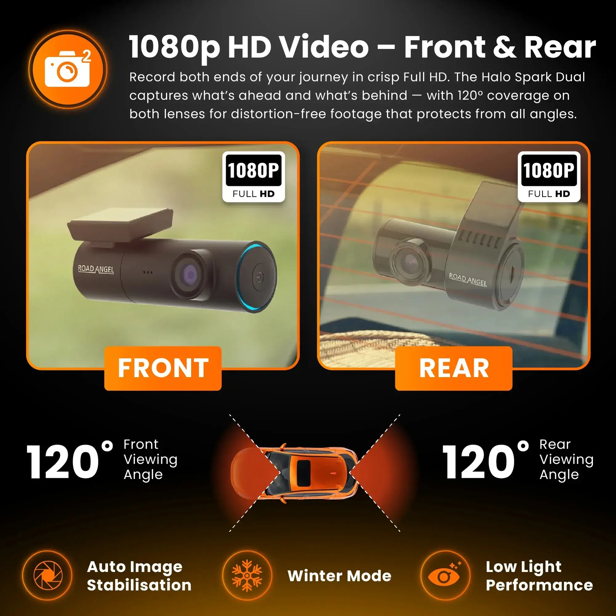 Road Angel Halo Spark 1080p Dual Dash Cam + NEW HWK5VC2-ODB Hardwire Kit & 64GB SD