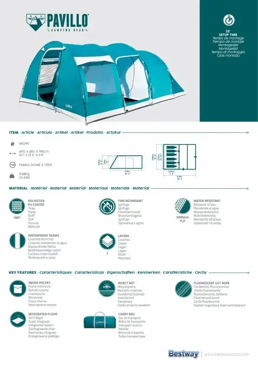 Bestway Pavillo™ Family Dome 6 Tent 490 x 380 x 195 cm for 6 People